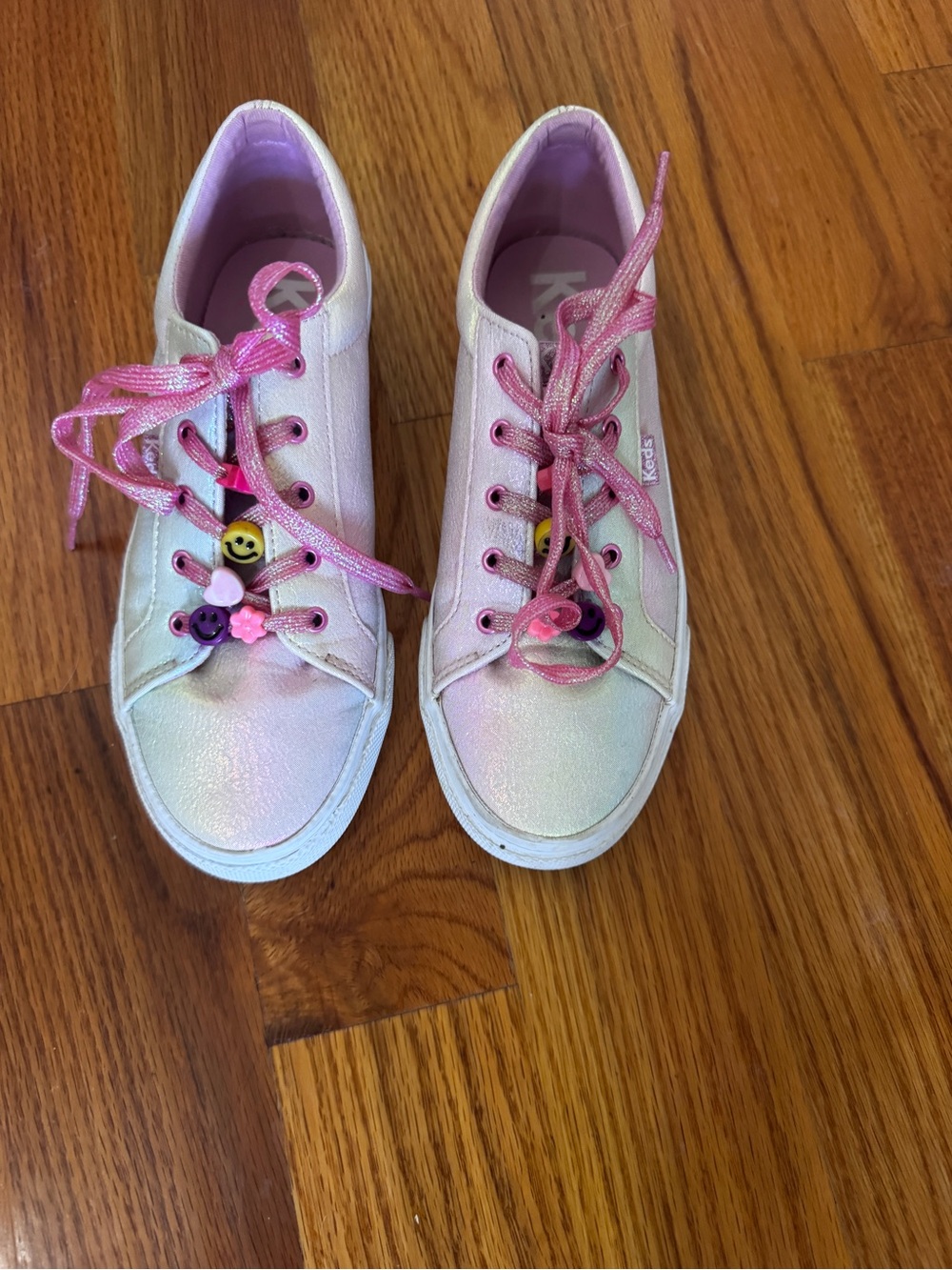 Keds Kids Friendship Bracelet Iridescent White Sneakers with Pink Laces